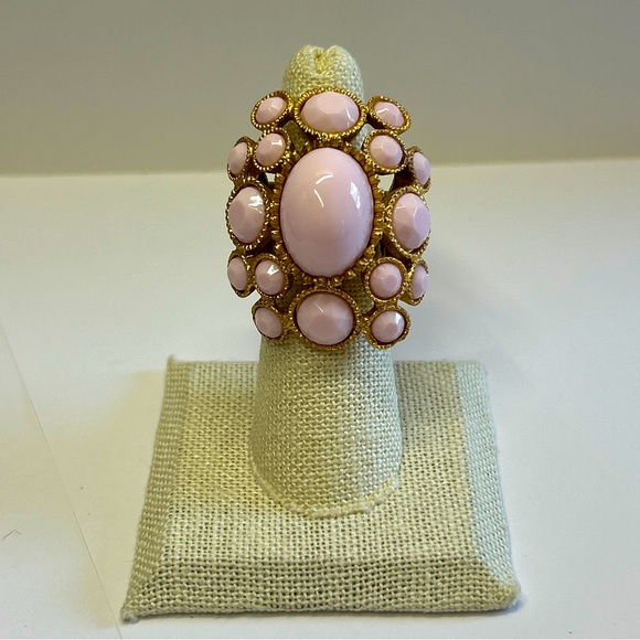 Pink Cabochons Starement Cluster Ring Stretchy Adjustable Gold Tone - Picture 1 of 7